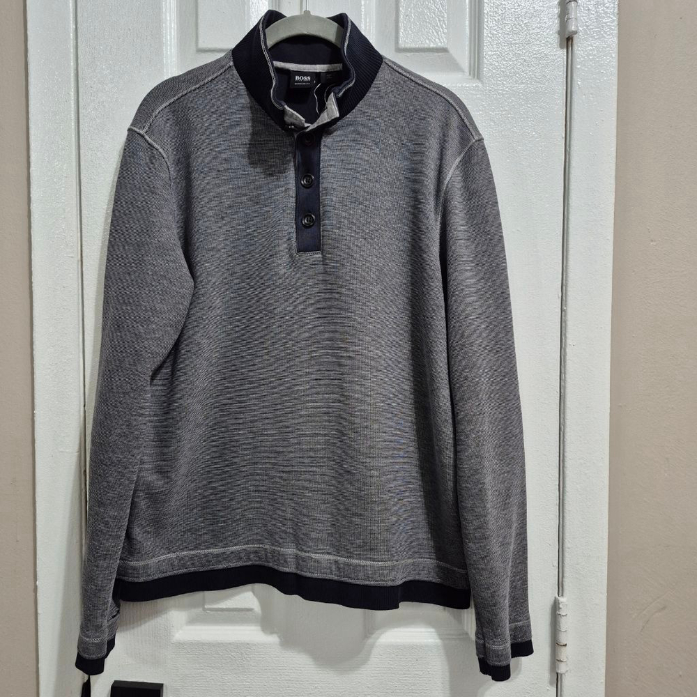 Men's‎ BOSS Gray & Navy Regular Fit Quarter-Button Sweater L